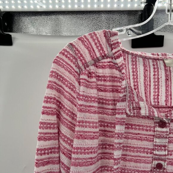 Ann Taylor Loft Womens Tie Neck Long Roll Tab Sleeve Blouse Pink/White Striped S - Picture 3 of 11